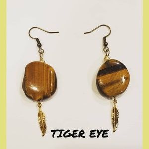 Tiger Eye Earrings w 10 k gold FEATHER